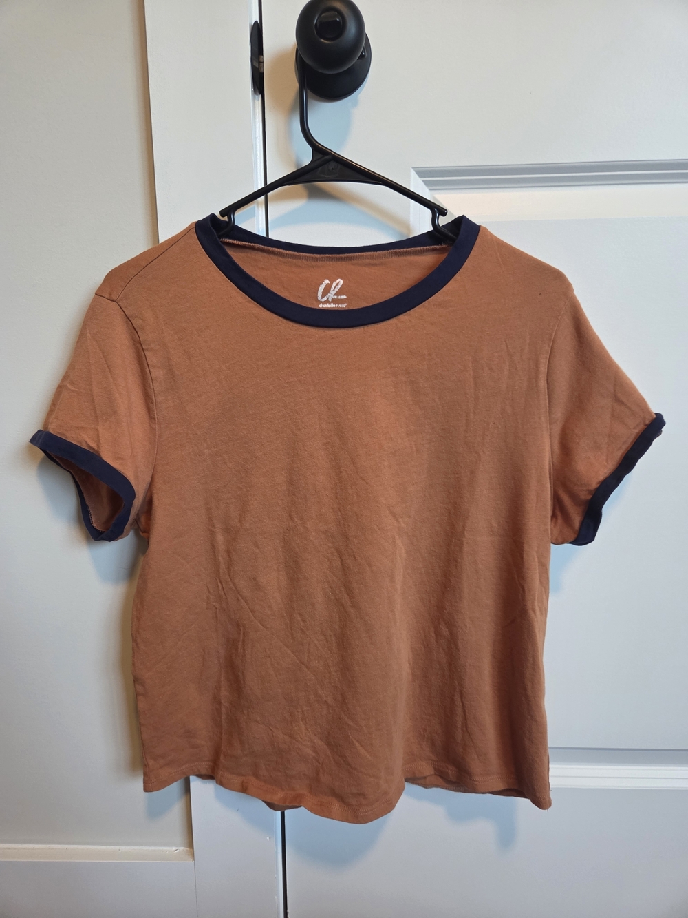 Charlotte Russe Burnt Orange Short Sleeve Ringer Tee with Navy Trim